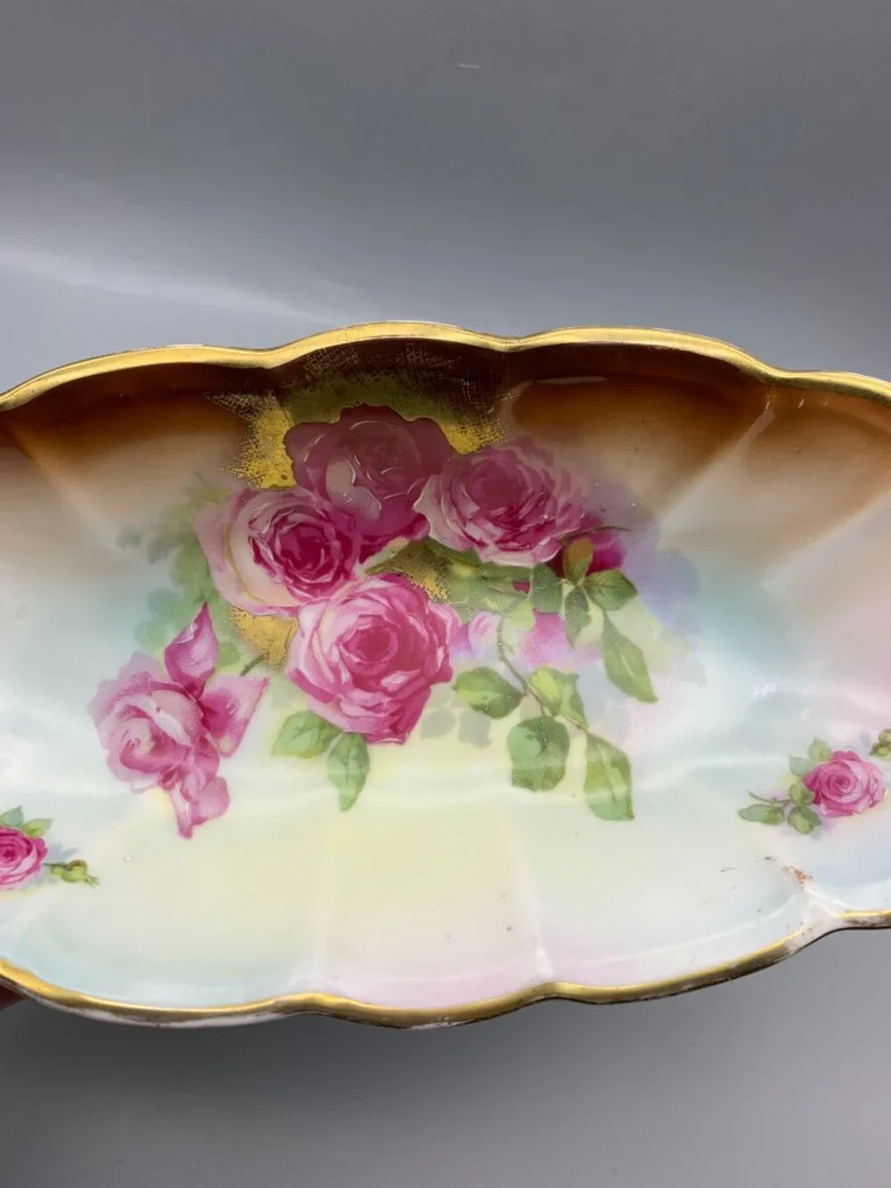Vintage Hand-Painted Porcelain Oval Relish Dish with Pink Roses & Gold Trim